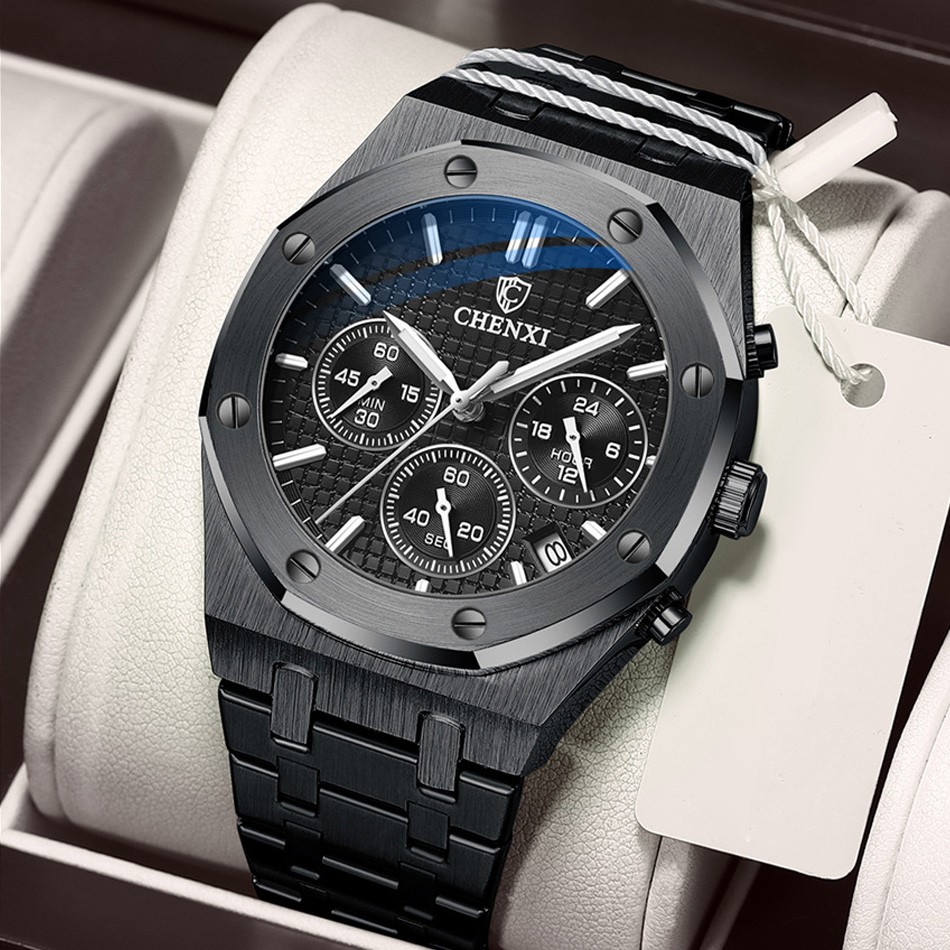 Chenxi Luxury Black Watches for Men Royal Stainless Steel Waterproof Chronograph Golden Business Casual Male Quartz Wristwatch