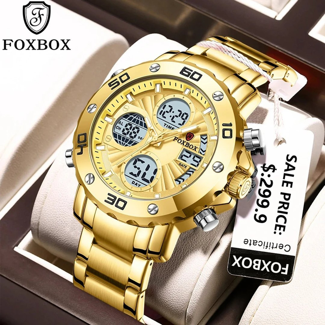 FOXBOX-2024 Digital Chronograph Men's Wrist Watch, Blue Sport Watches, Steel Strap, Waterproof Watch, Luxury Brand, Fashion