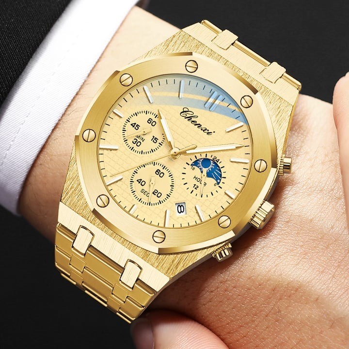 Luxury Gold Watches for Men Royal Stainless Steel Waterproof Chronograph Golden Business Casual Male Quartz Wristwatch